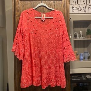 Johnny Was eyelet blouse. Salmon color, flaired 3/4” sleeves. Excellent cond.